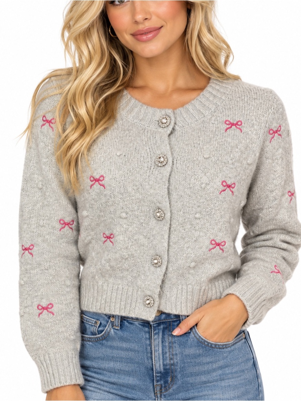 Jessica Simpson Cream Cardigan with Pink Bow Embroidery balletcore